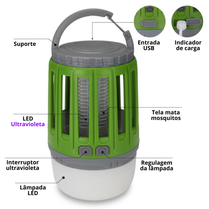 Lâmpada armadilha mata mosquito - Resistência IPX4 a água e luz regulável - Ideal para casa e jardim